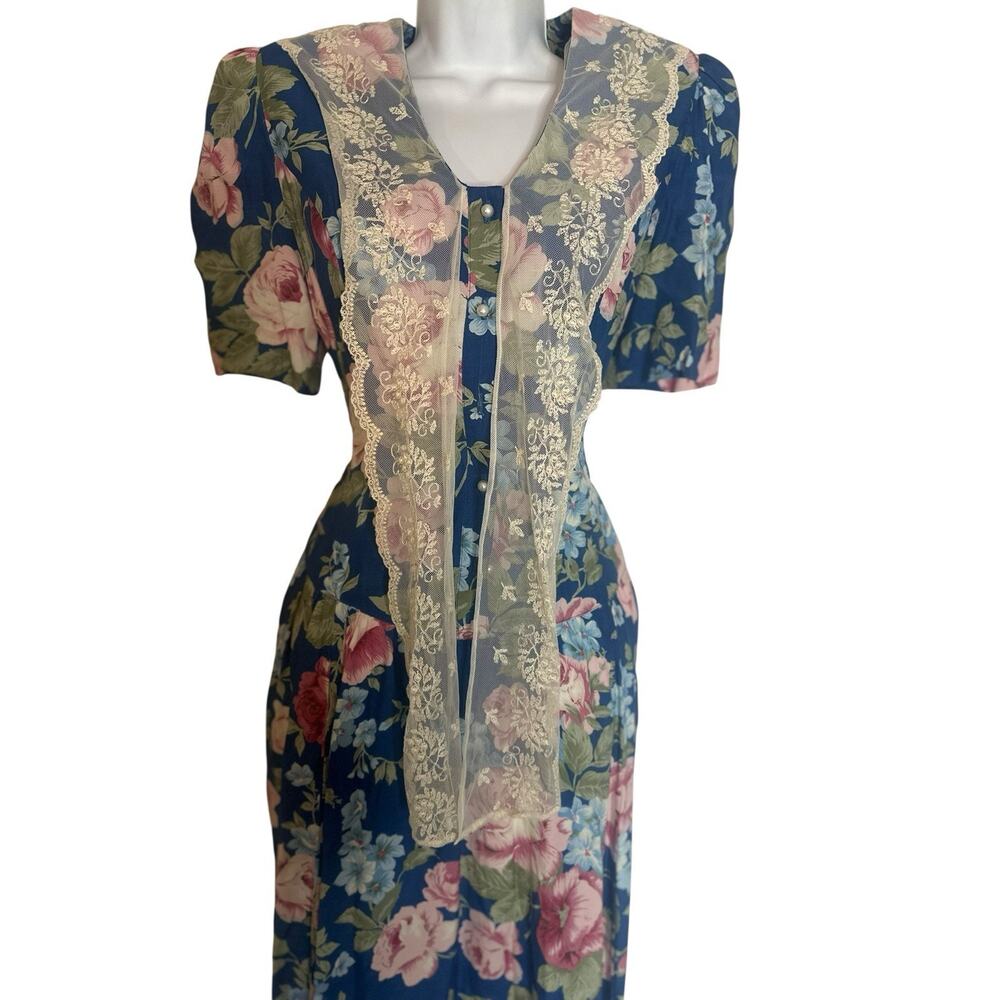 VTG 90s Karen Stevens Romantic Floral Midi Dress Lace Tie Sailor Collar Modest M - Picture 5 of 16